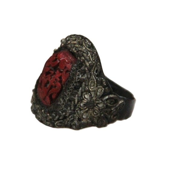 OLD CHINESE EXPORT CINNABAR & SILVER FILIGREE ADJUSTABLE RING - Picture 3 of 4
